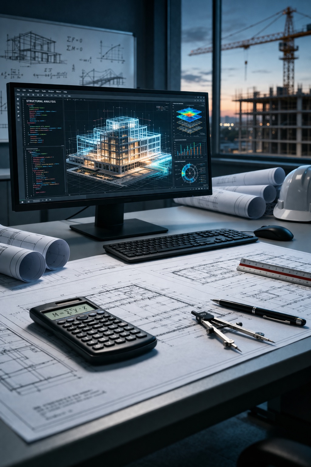 Poste de travail d’ingénierie avec maquette numérique, plans et chantier en arrière-plan