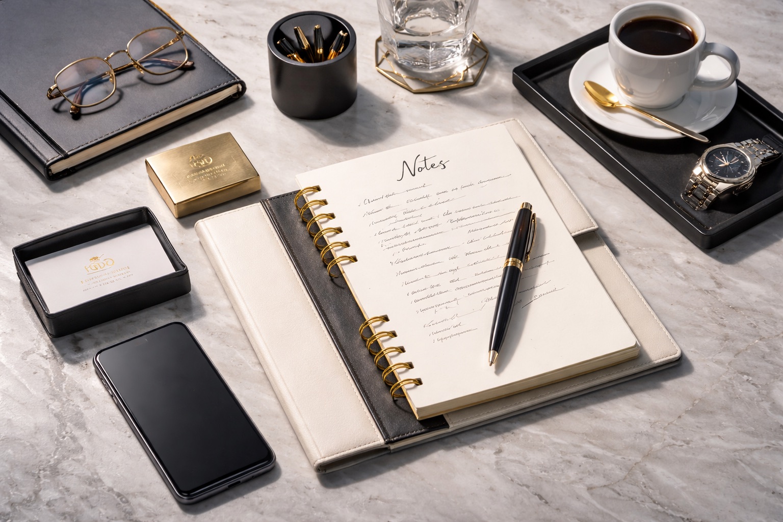 Carnet de notes premium avec stylo, café et éléments de bureau pour illustrer les notes et actualités HODO