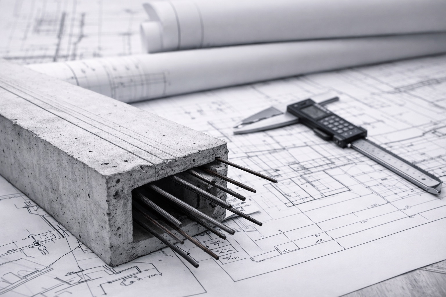 Élément béton armé posé sur des plans d’exécution, illustrant la réalité constructive du chantier